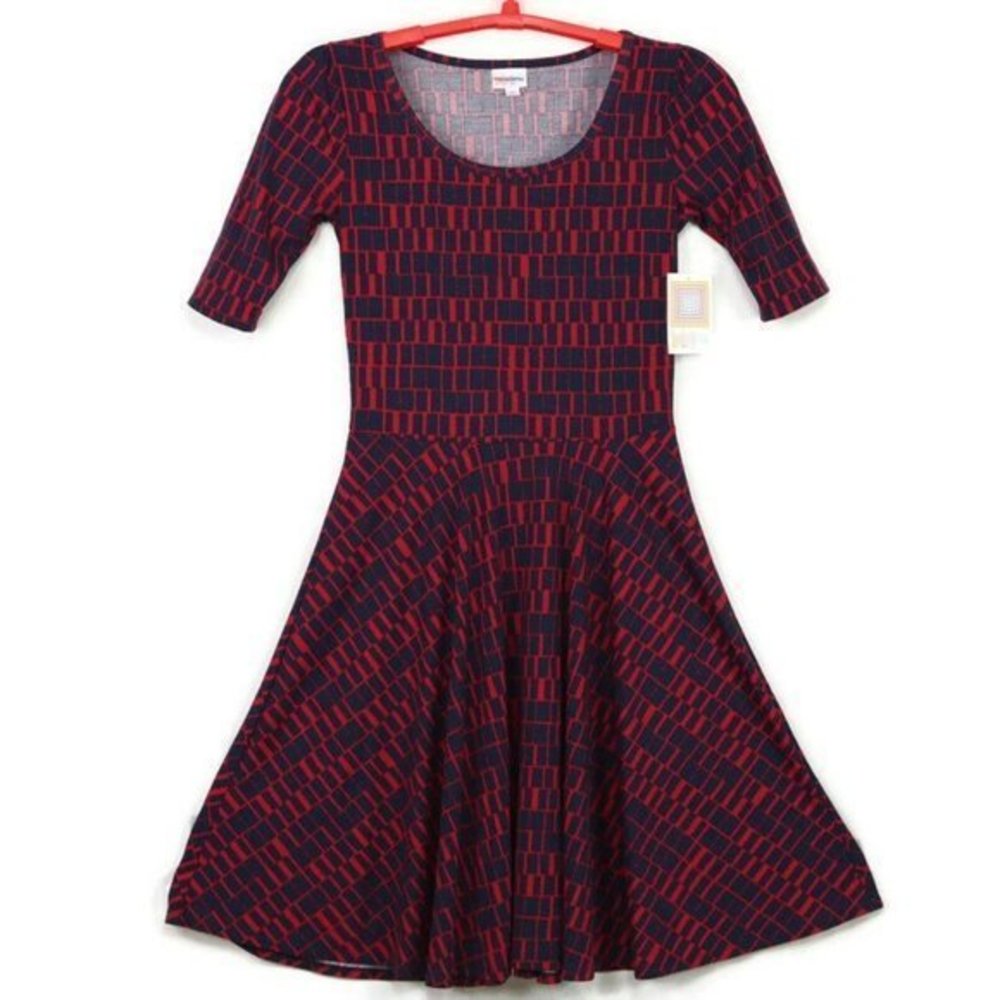 LuLaRoe Nicole Fit & Flare A-Line Dress Blue Red M Medium